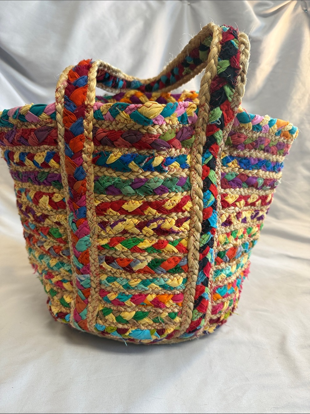 Vibrant Multicolor Braided Straw Tote Bag
